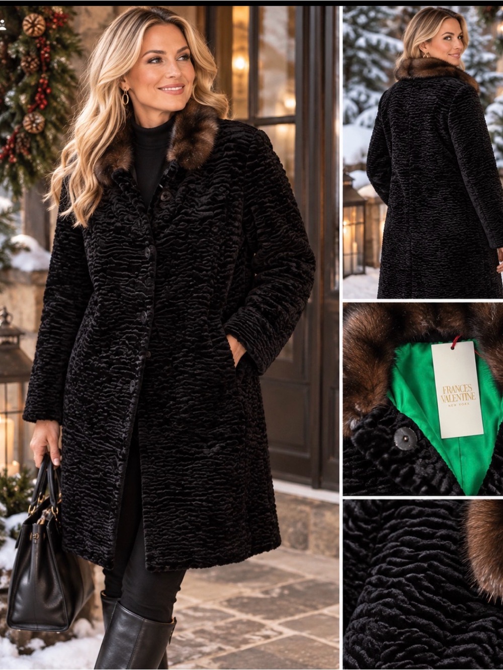 Frances Valentine Black Faux Fur Coat with Brown Fur Collar NWT New M
